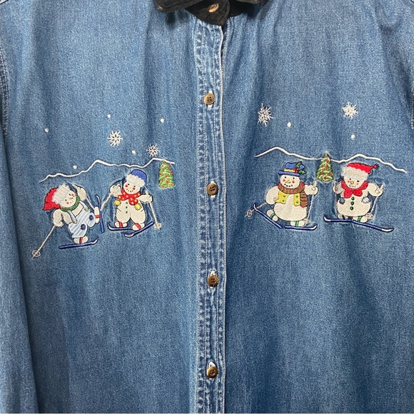 Nut Cracker Snowman Button Up Shirt Women’s Large Graphic Denim Long Sleeve VTG - Picture 4 of 16
